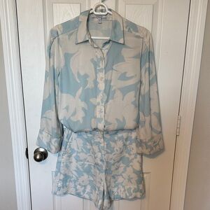 Derek Lam 10 Crosby matching set (top + shorts) in a soft blue/white flora